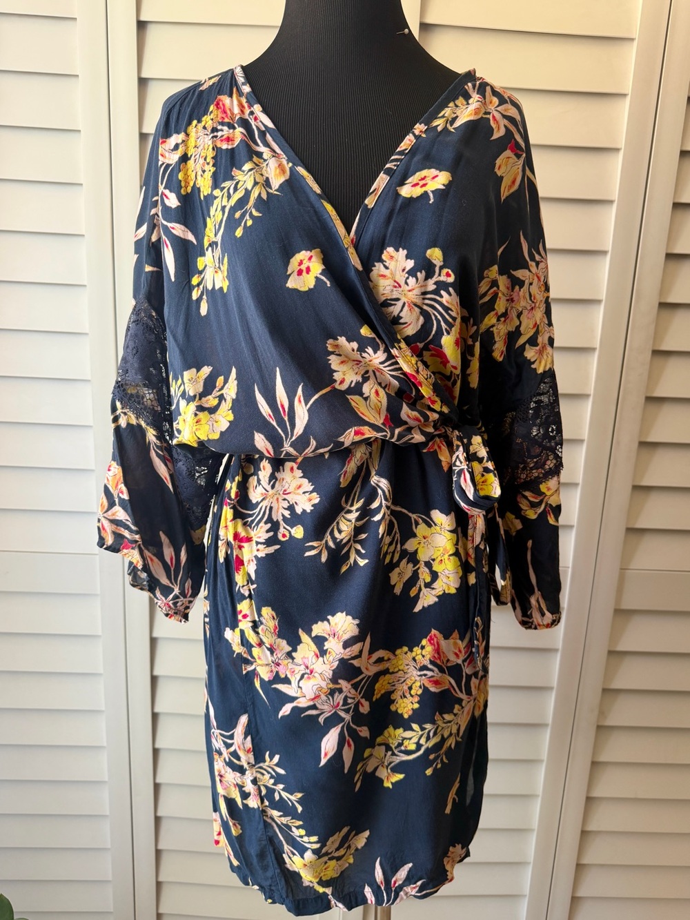 AdoreMe Floral Wrap robe in Navy with Yellow Accents